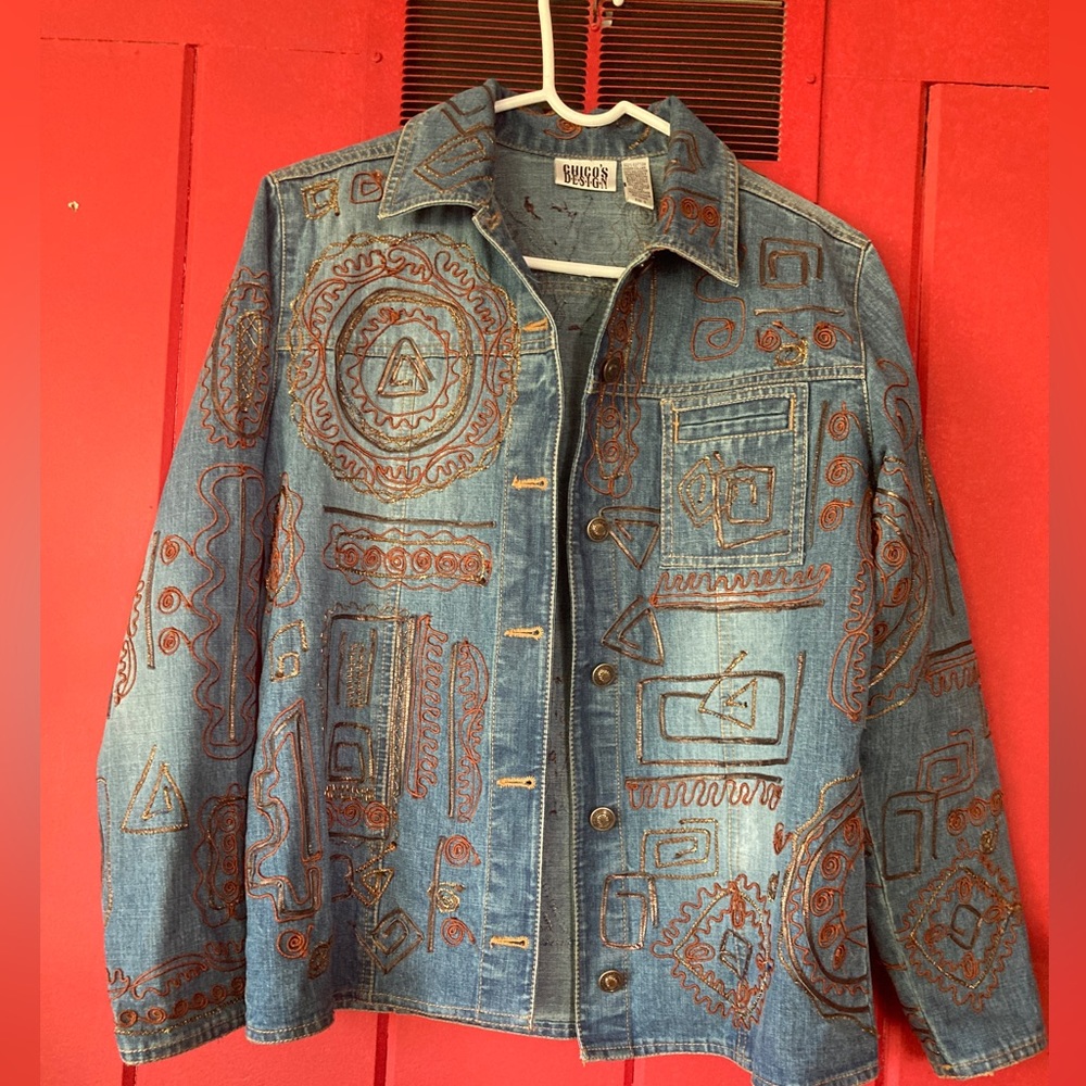 Aztec Jean Jacket with abstract lines size 0